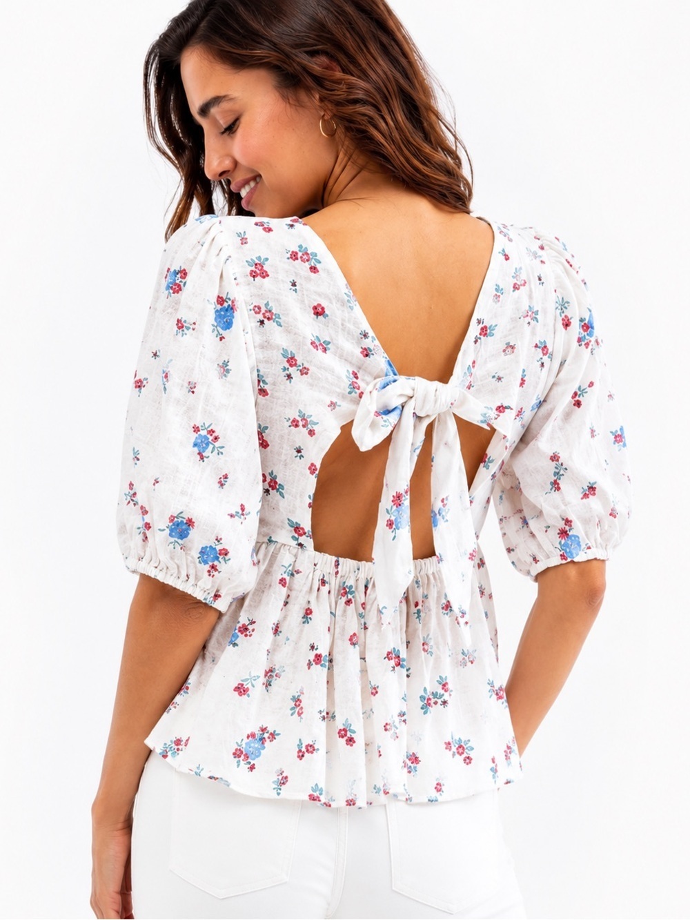 Free People Chloe Floral Open Back Peplum Top Large NWT